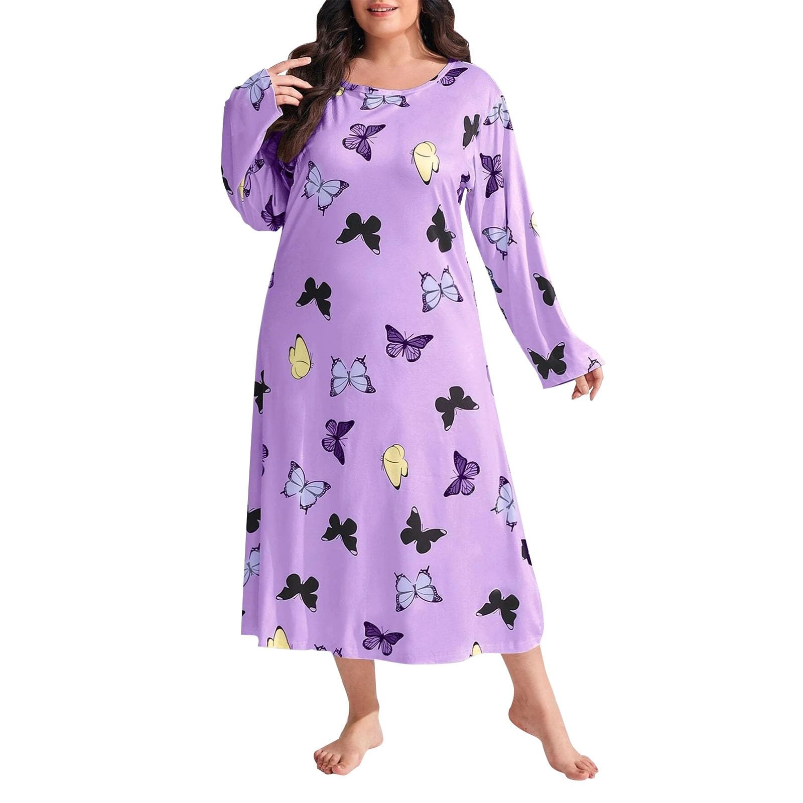 Dinglong Vestido de Dormir Largo con Hombros y Estampado de de Manga Larga Suelto Grande para Mujer Vestidos Tallas Grandes Mujer Verano Mariposas Ropa Sexy Mujer Vestidos Playa Mujer Tallas Grandes