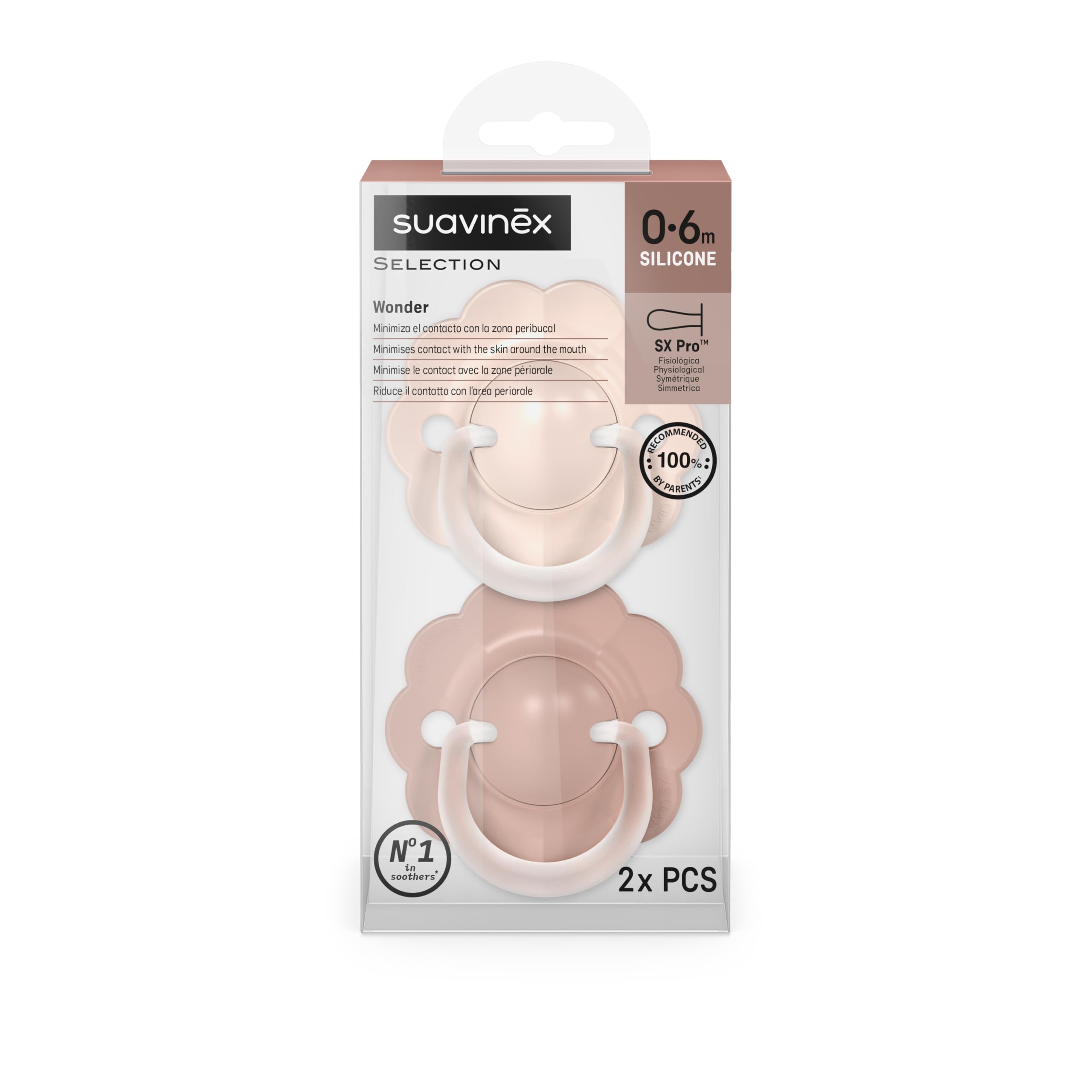 Suavinex, Pack 2 Chupetes para Bebés 0/6 Meses y Recién Nacidos, con Tetina Fisiológica de Silicona SX Pro, Simétrica, Plana y Flexible, Respeta el Desarrollo Bucodental, con Anilla, Wonder Rosa
