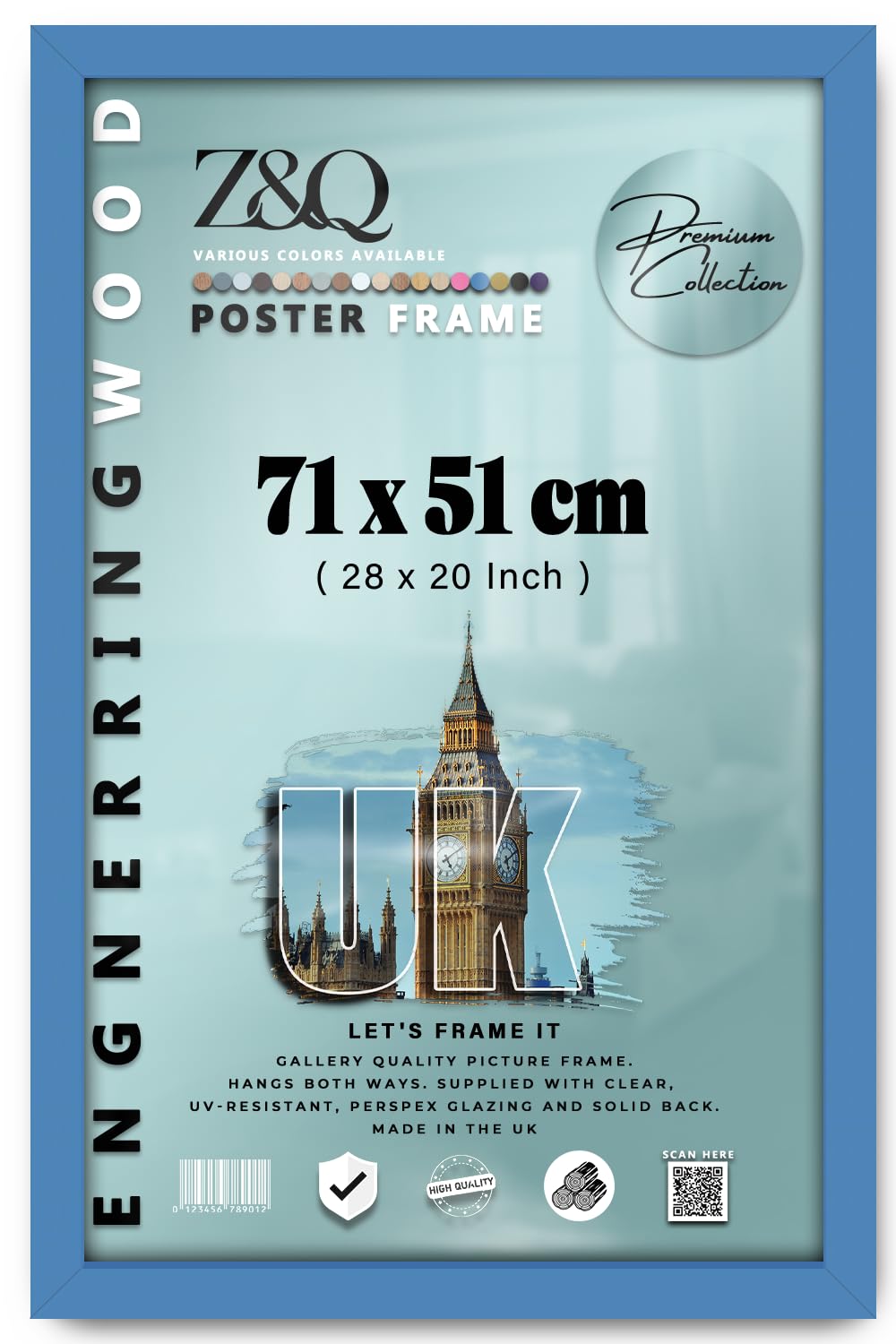 Z&Q Blue - Rectangle Simple & Elegant Mdf Wood (71 X 51 Cm) Poster/Picture Frame | Frames For Room Interior 28 X 20 Inch Wall Gallery [ ]