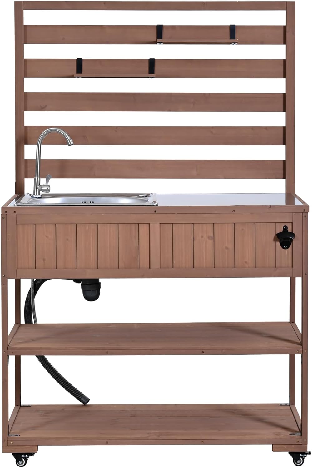 41.7" W Outdoor Kitchen Island with Stainless Steel Top, Garden Potting Bench with Sink, Rolling Grill Cart with 2 Movable Shelves, 1 Bottle Opener for Gardening, Grilling, Brown