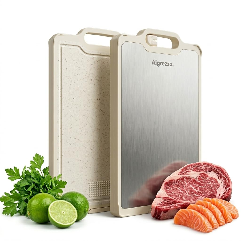 Aigrezzo Titanium Chopping Board, 16x11x0.9 inch Non-Slip Cutting Board with Knife Sharpener, Dual-Sided Titanium & Wheat Straw PP, Thick, Anti-Spill Edge, Dishwasher Safe, Rectangular