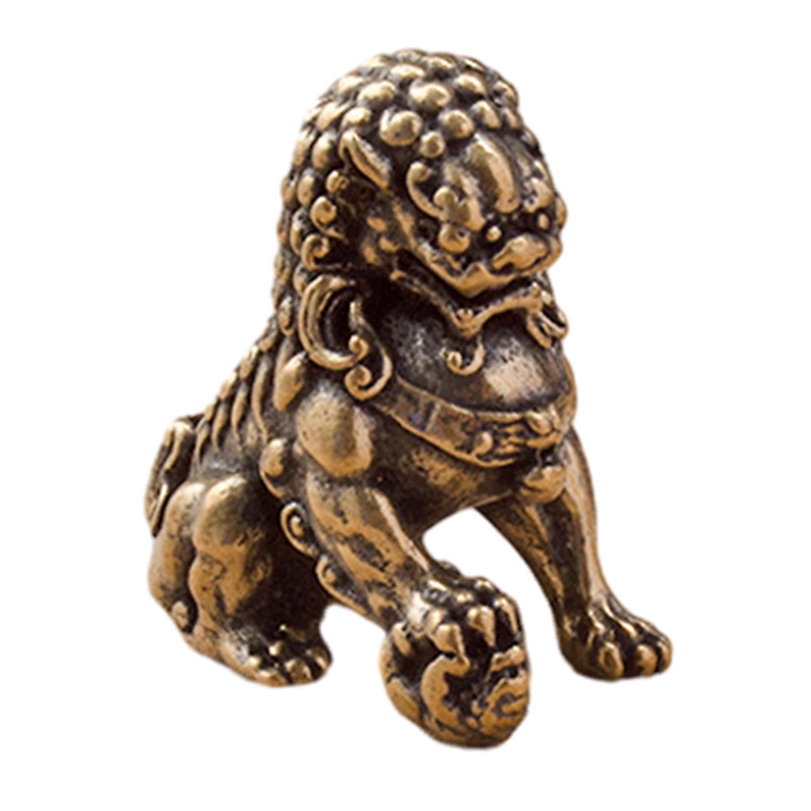 Alcxazs Left Mini Chinese Lion Sculpture Brass Ornament Fengshui, 2.8X2.8cm