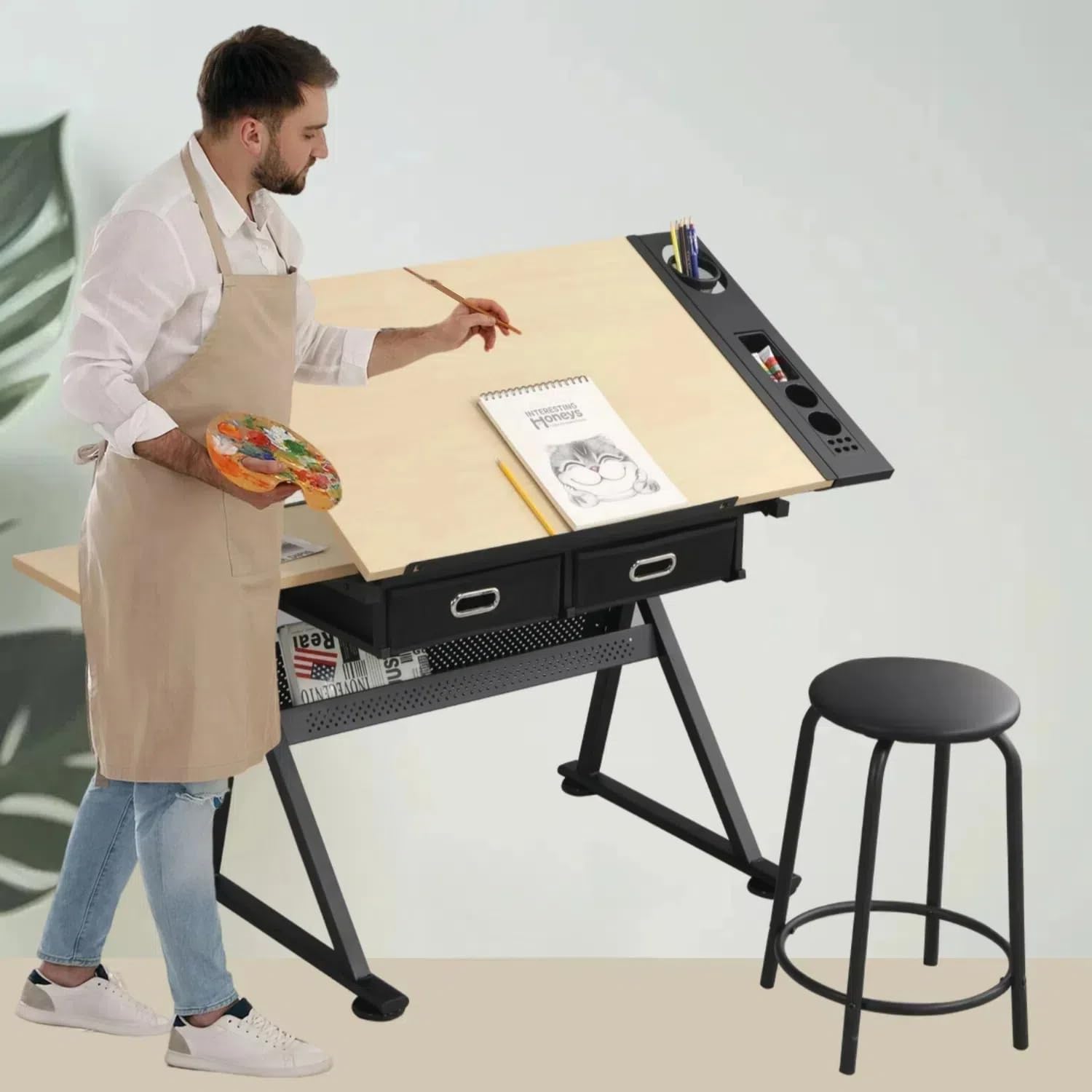 NOIBAD Drafting Table Adjustable with Stool - 70° Tilting Tabletop, 2 Storage Drawers, Height Adjustable (38.58