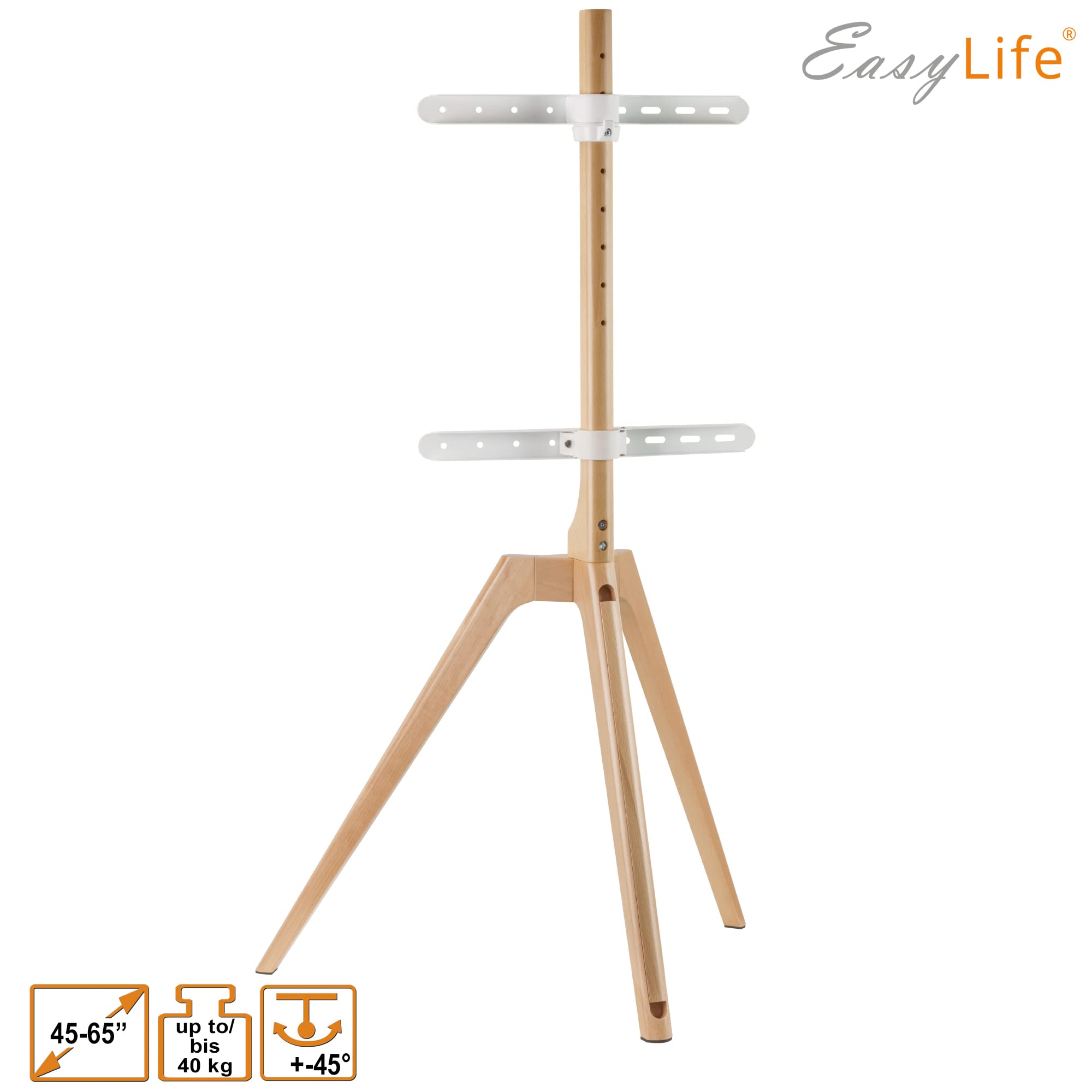 EasyLife – Treppiede per TV in legno Tripod – Studio TV Stand fino a 65 pollici e 40 kg TV/monitor, orientabile, regolabile in altezza, gestione dei cavi, VESA fino a 400 x 400 (Bianco/faggio chiaro)