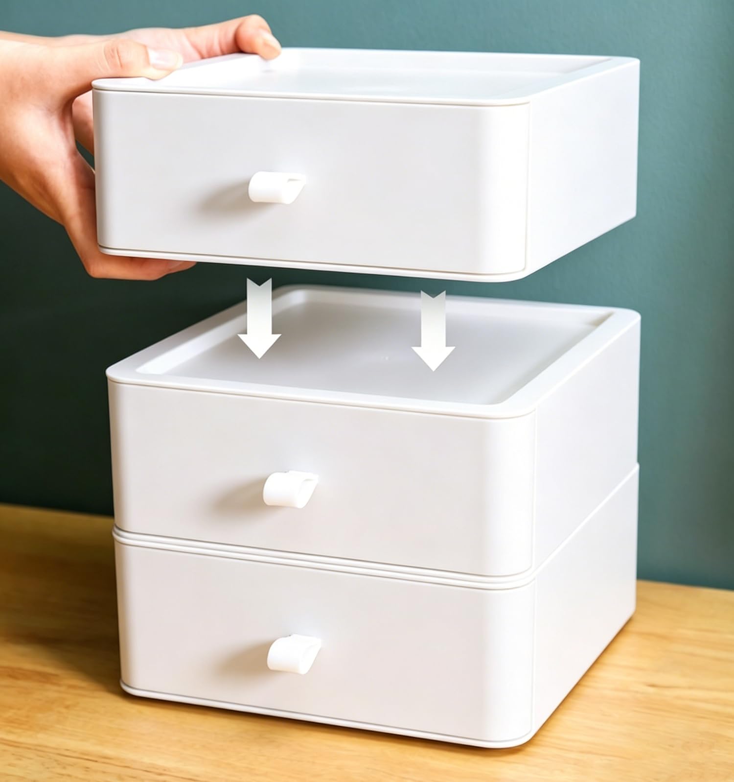 HornTide Organizer da scrivania impilabile con cassetto, confezione da 3 scatole portaoggetti in plastica, organizer modulare salvaspazio per forniture per ufficio, cosmetici, trucchi, cancelleria