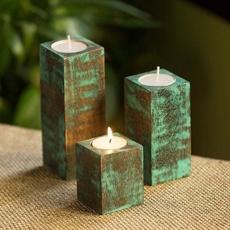 Miniatura 1 de Golden HANDICRAFTS - Portavelas de madera con acabado antiguo para decoración del hogar, portavelas pintado a mano con bloques de verde azulado