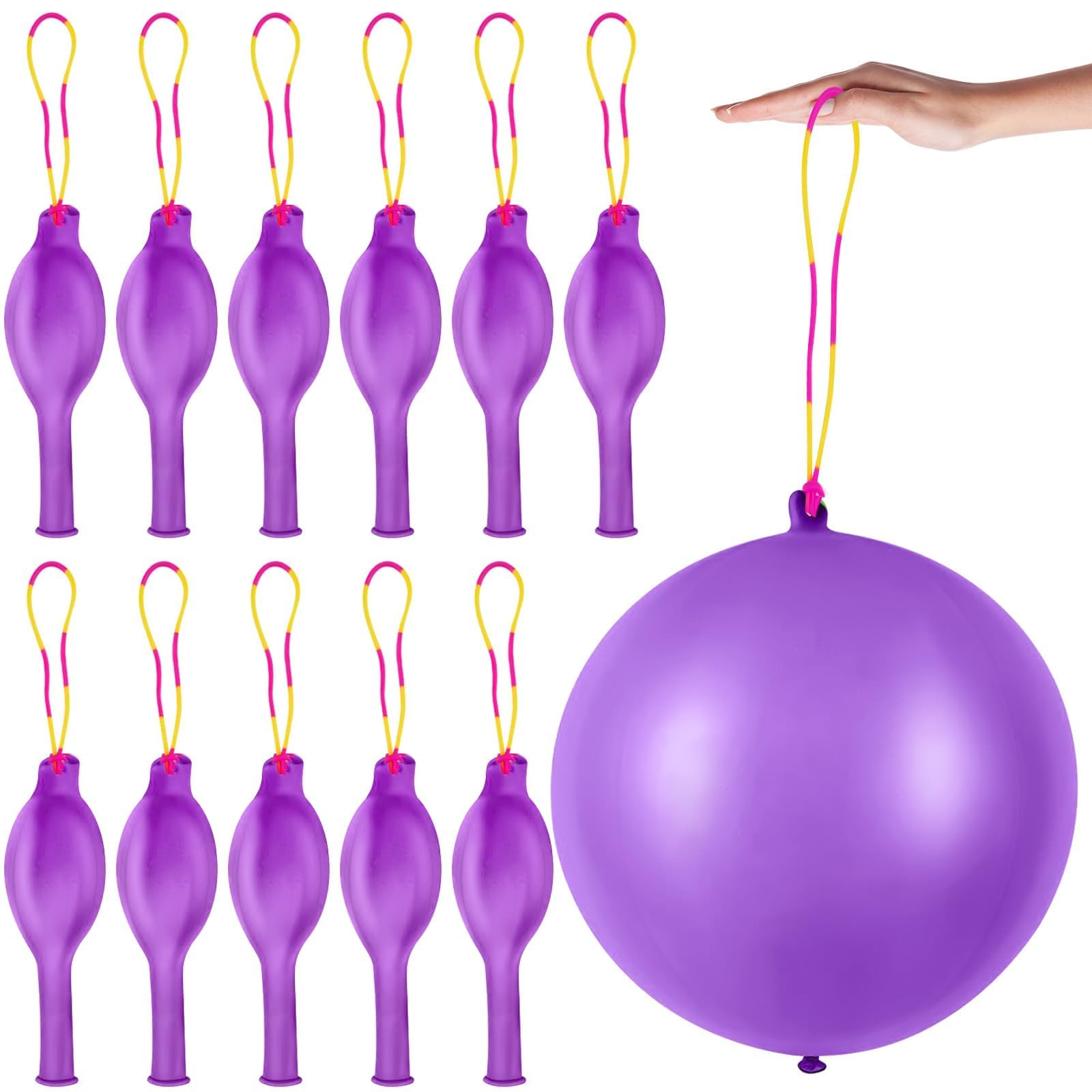 12 Pcs Purple Punch Balloons | with Rubber Band Handle for Easy Grip - Ideal for Kids’ Birthday Party Favors, Classroom & Outdoor Play(Purple)