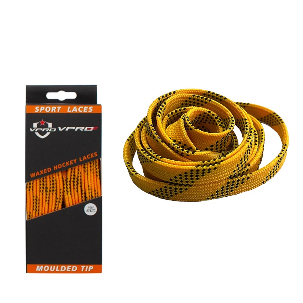 VPRO Waxed Ice Hockey Shoelaces in Assorted Colours, Ice Hockey Skate Shoelaces are the Perfect Gift for Sports Enthusiasts, yellow / black, 130”