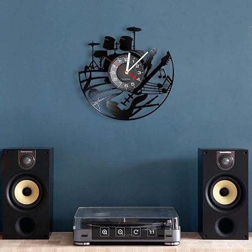 Miniatura 5 de Kit de guitarra y batería de 12 pulgadas, reloj de pared de disco de vinilo, funciona con pilas, sin tictac, moderno instrumento Rock N Roll, reloj