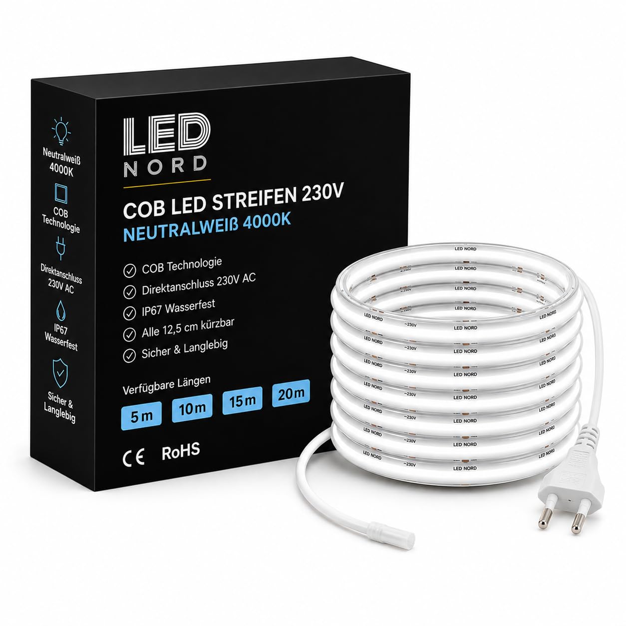 Taśma LED COB 230 V 20 m neutralna biel 4000 K, ściemniana taśma świetlna LED IP67, 10 W/m, do 1100 lm/m, możliwość przycięcia co 12,5 cm, samoprzylepna, do wewnątrz i na zewnątrz