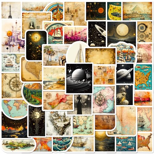 50枚ワールドマップグラフィティステッカーセット人気、ノート旅行バッグ文具ギターDIY防水おしゃれ手帳デコキラキラアドベンチャーデカール水筒スマホケーススケボーPC子供部屋ごほうびシール自転車ヘルメットノートパソコン装飾