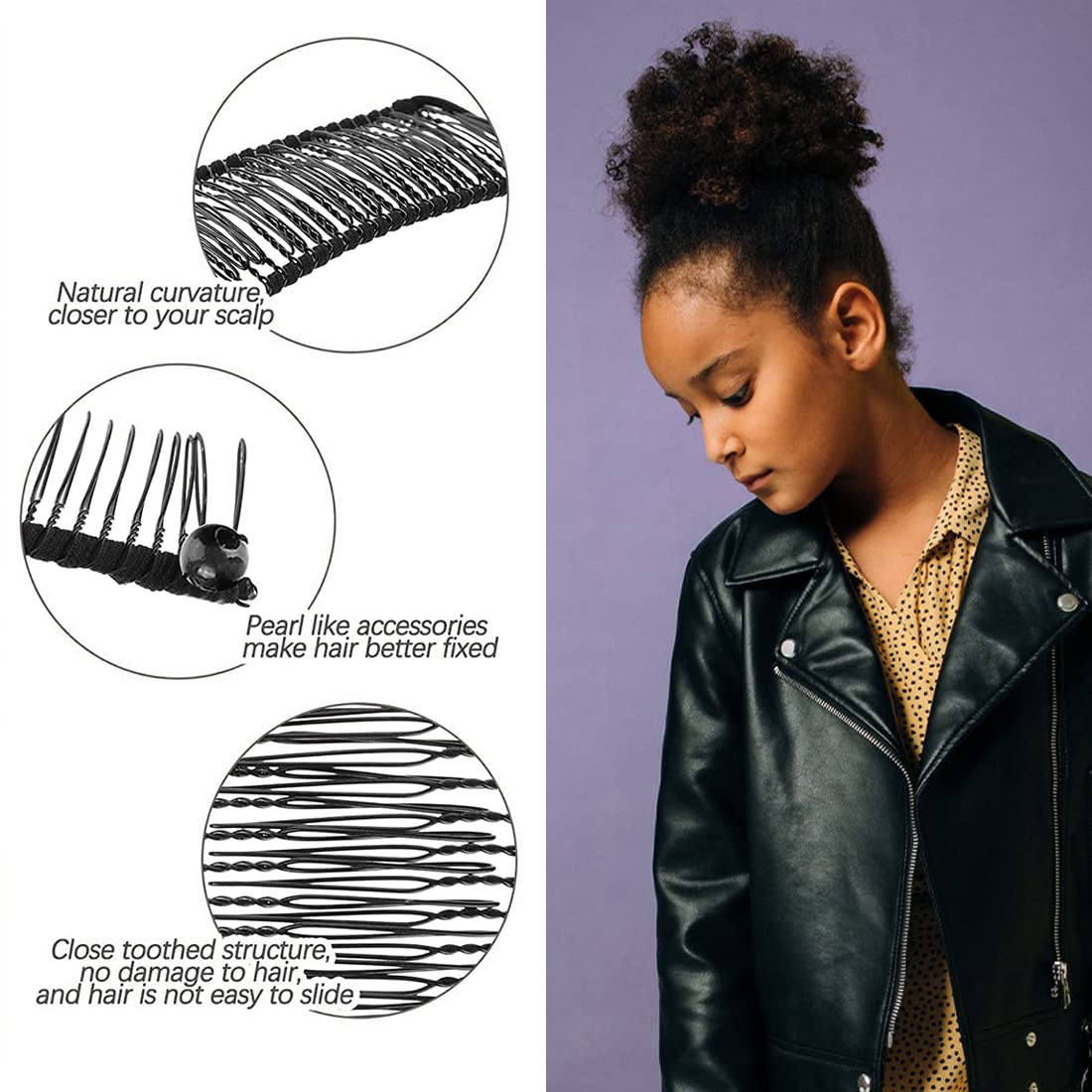 2 pezzi di clip per capelli vintage, Accessorio per capelli naturalmente ricci e ondulati, estensibile, 30 denti a pettine a banana (nero/rosa)
