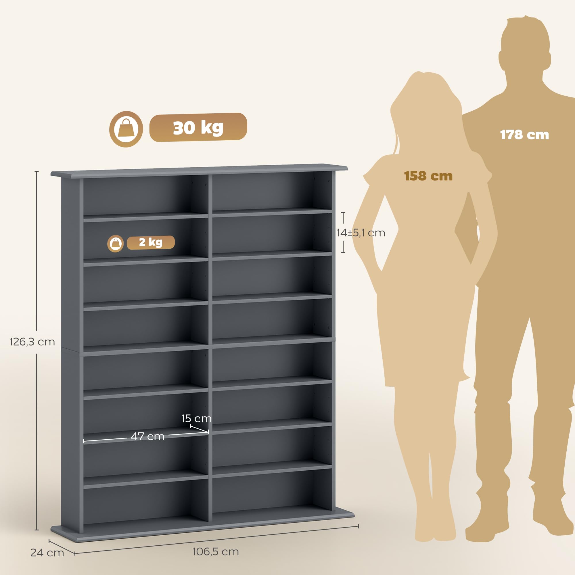 HOMCOM Portaoggetti per CD e DVD, con capacità max. 720 CD/396 DVD e Blu-Ray, 16 scomparti e 12 ripiani regolabili, per soggiorno, camera da letto, 106,5 x 24 x 126,3 cm, grigio