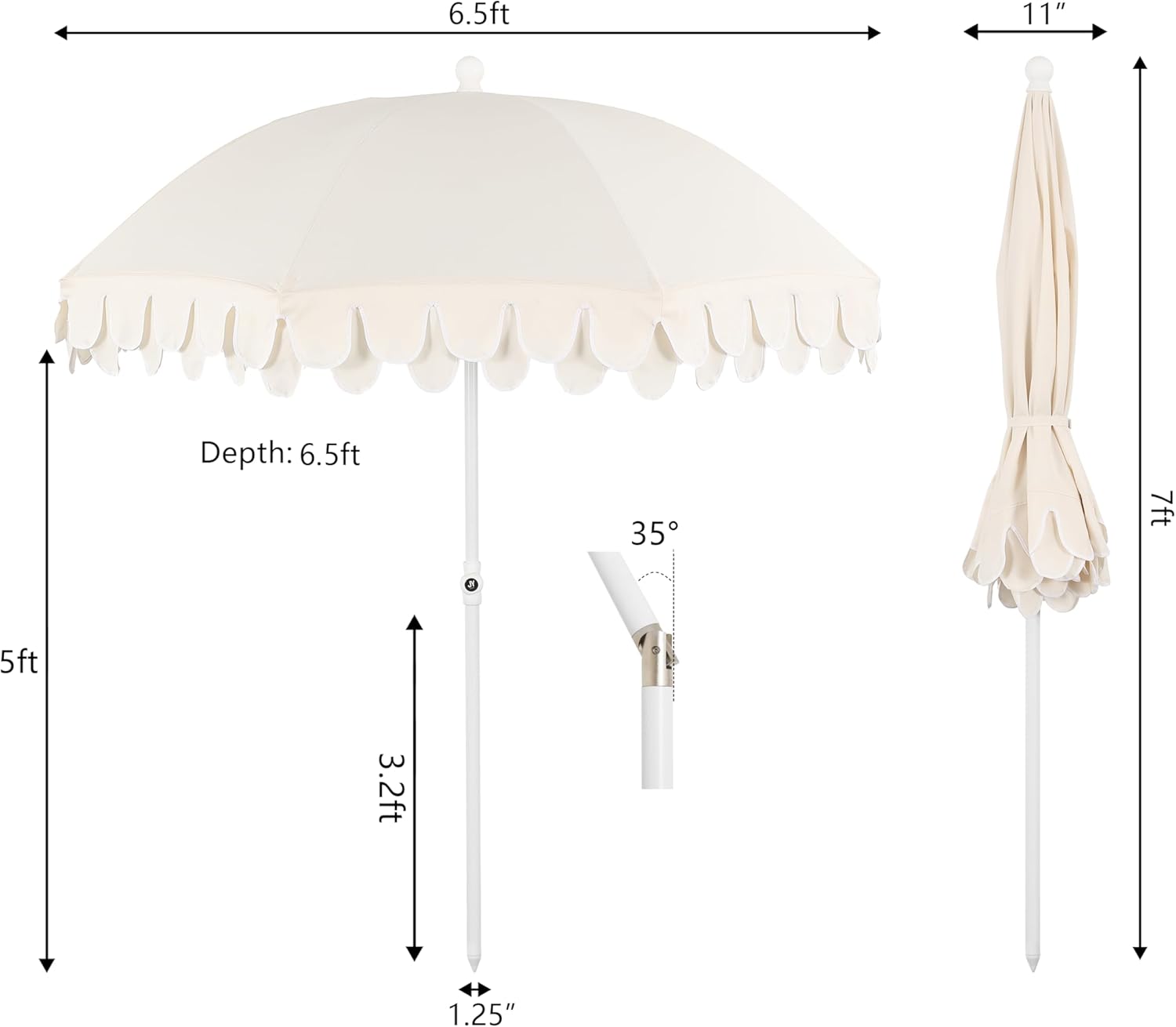JONATHAN Y UMB1004C Horizon 6.5 ft. Classic MidCentury Scalloped Fringe Market Beach Umbrella with Push-Button Tilt, Wind Vent and UV Protection, and Matching Carry Bag in Cream/White, White Pole - Image 3
