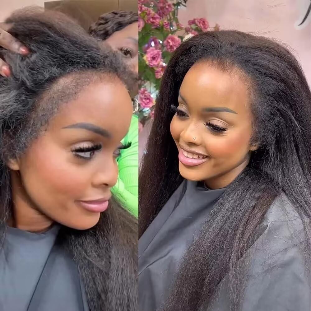 Kinky Straight Human Hair Lace Front Wigs with Curly Baby Hair 13X4 HD Invisible Lace Front Human Hair Wigs 4C Kinky Edges Natural Hairline Brazilian Remy Hair Glueless Wigs Bleached Knots