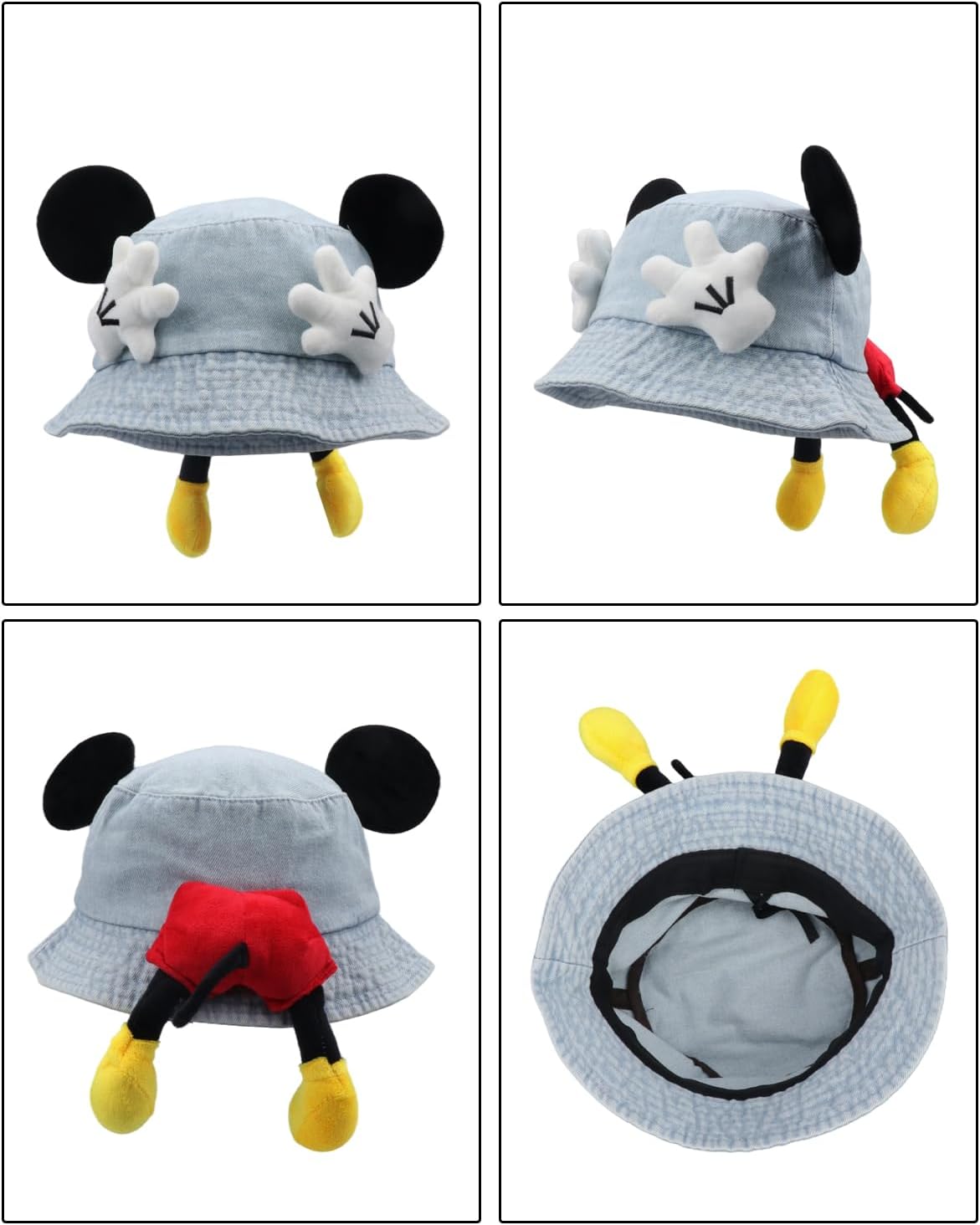 AMPOSSTO Cute Cartoon Mouse Ear Denim Bucket Hat for Adult Teens Adjustable Fisherman Cap Sun Hat for Beach Travel Daily Wear