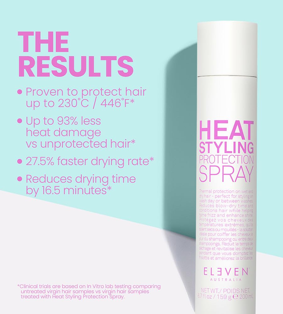 ELEVEN Australia Heat Styling Protection Spray – Spray Thermoprotecteur Cheveux Professionnel, Protection 230°C, Anti-Frisottis, Brillance, Réduit le Temps de Séchage, Tous Cheveux - 200ml