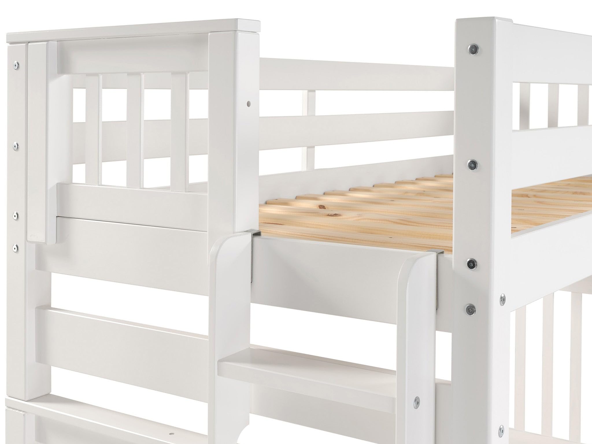 Literas de tamaño individual sobre cama matrimonial, estilo misión con escalera final, color blanco 6