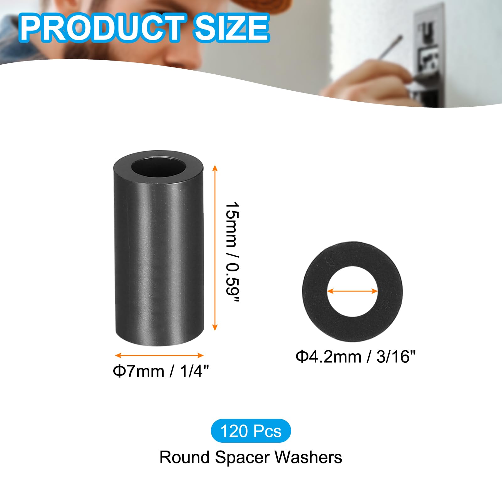 PATIKIL 120Pcs M4 ABS Spacers M4 x 7mm OD x 15mm L Plastic Round Spacer Washers Black Standoff Nut Unthreaded for Screws Bolts Electrical Outlet - Image 2