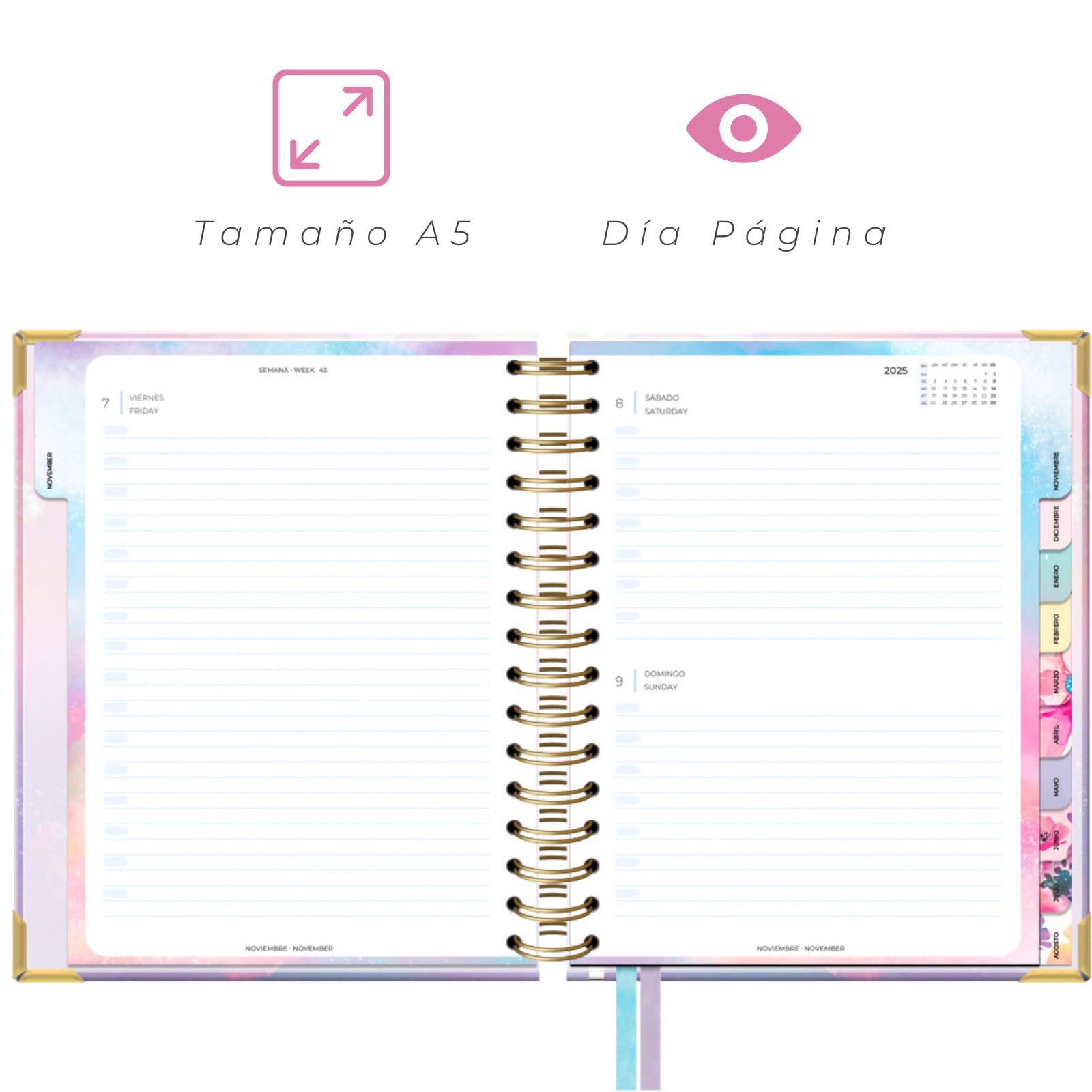Takenote Academic Diary 2025 2026 - A5 Size (16.5x20.5 cm), Day per Page, Academic Format September to August, Double Wire-O Binding, Bilingual: Spanish & English - Stella - Image 2