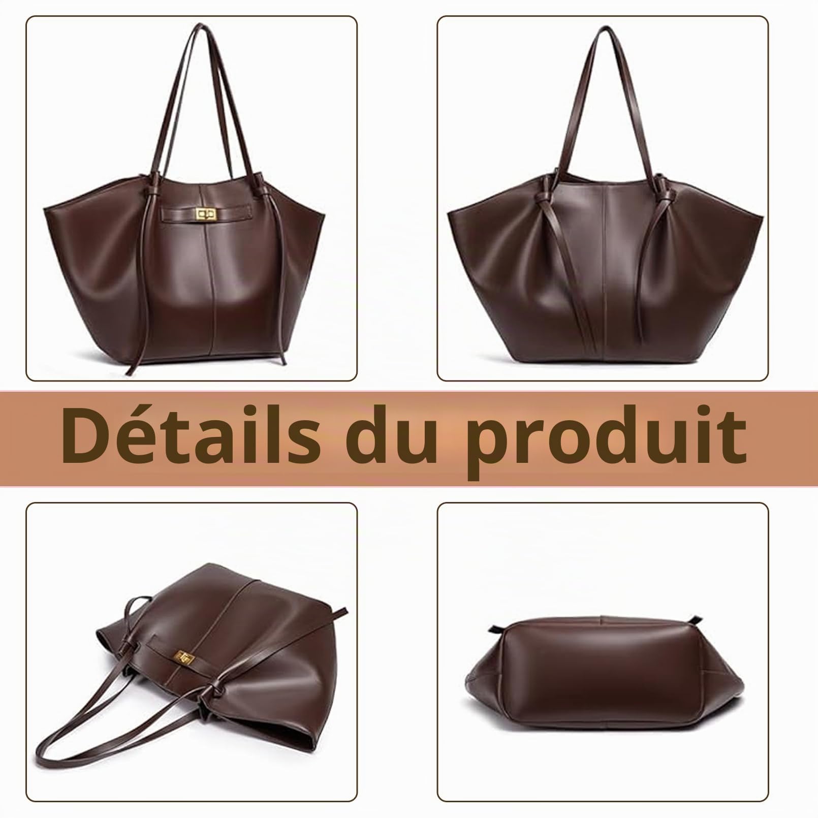 Sac Fourre Tout en Cuir pour Femme, Grand Sac à Main avec Bandoulière Amovible, pour l'université, Travail, l'école, Shopping, Voyages et Bureau