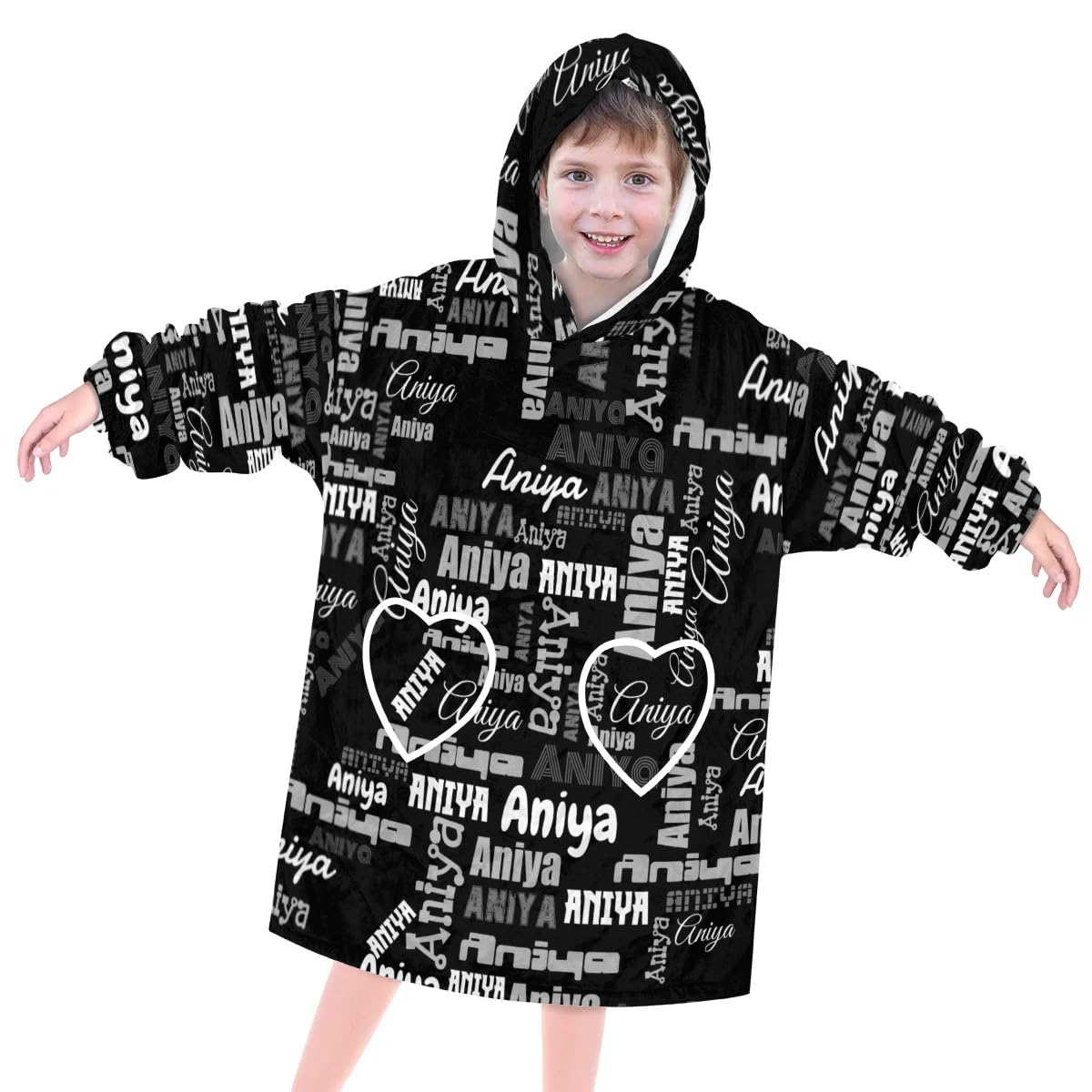 Custom Wearable Blanket Hoodie for Girls Boys, Personalized Oversized Wearable Blanket with Pocket, Fleece Sweatshirt Blanket for Kids Christmas Gifts, Dense Text Black