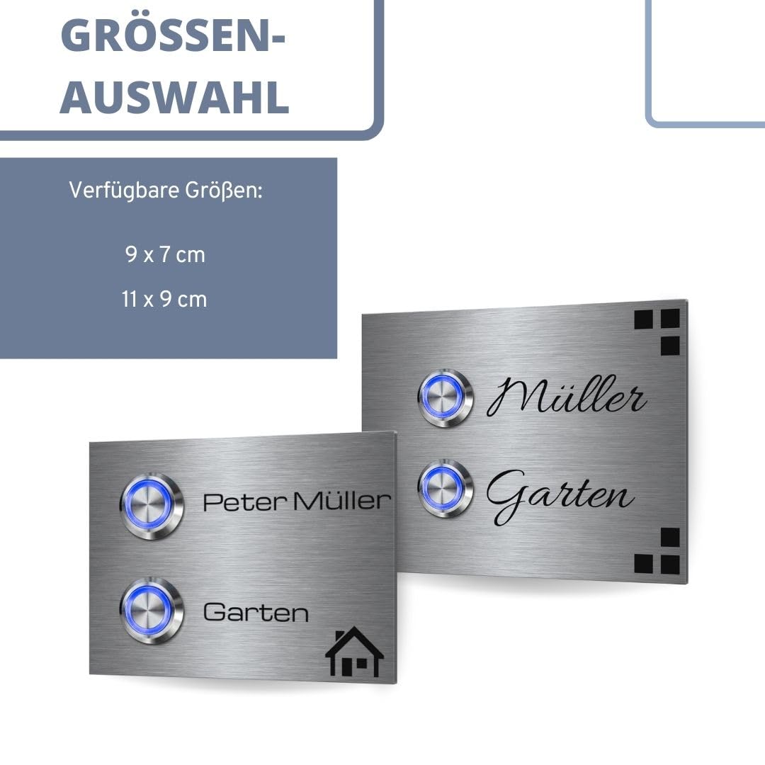 2 Fach Türklingel Doppel-klingel mit zwei Tastern und Namen - Edelstahl Klingelplatte Modell Twin ab 9x7 cm für 2 Familien | Optional mit beleuchteten Klingelknöpfen