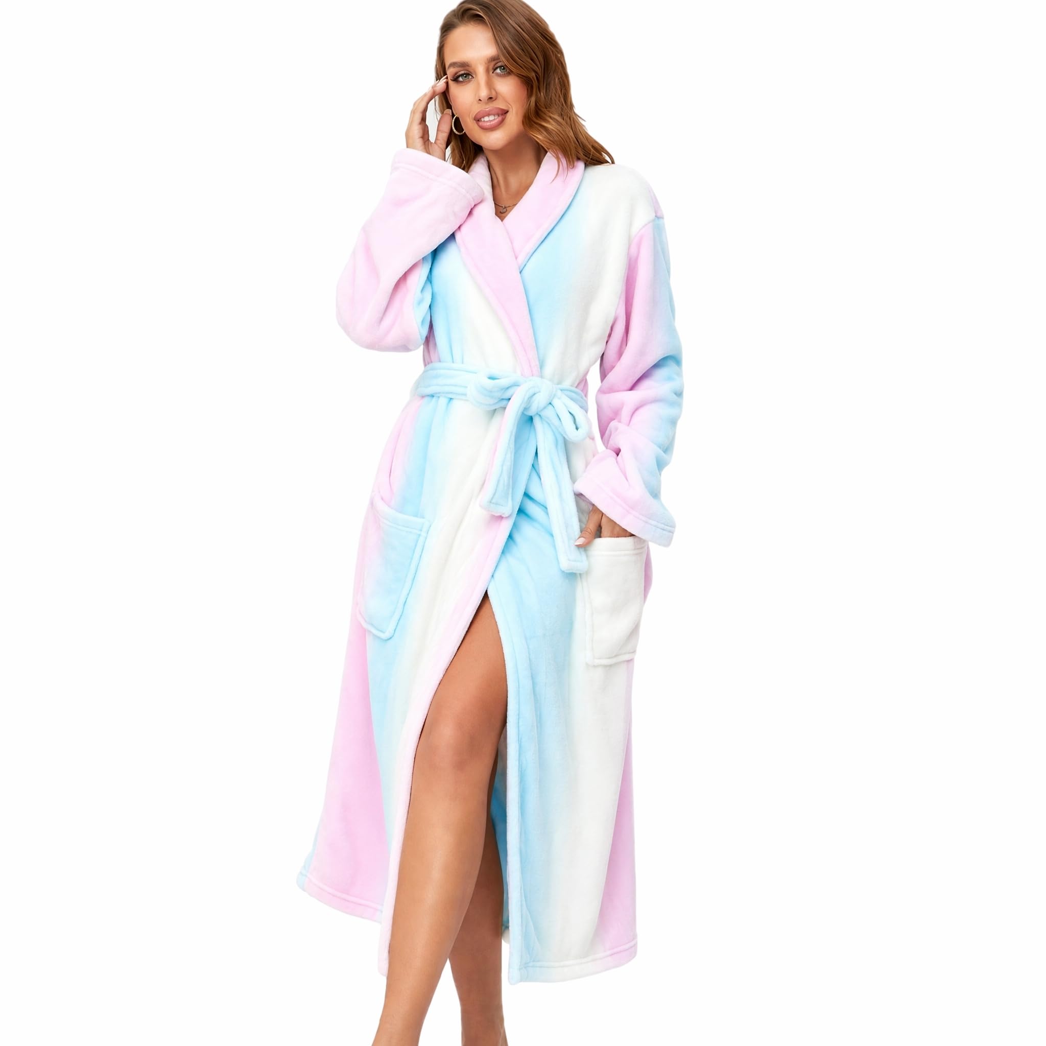 RONGTAI Langer Damen-Bademantel aus Plüsch-Fleece, dick, mit Kapuze, mit Taschen, flauschige Nachtwäsche für Herren
