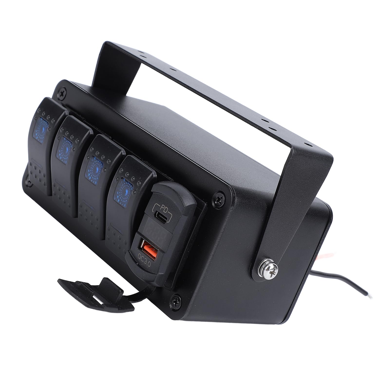 4 Gang Rocker Switch Box 4 Gang Rocker Switch Panel Aluminiowy Panel Przełączników Kołyskowych 12V 24V 20A Wodoodporny z ładowarką USB PD Type C QC 3.0 Woltomierz LED do (niebieskie