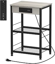 YBING Grey Nightstand with Charging Station Bedroom End Table with USB Ports and Power Outlets 3-Tier Small Side Table with Outlet and Storage Nightstand Bedside Table for Bedroom Living Room 24" H