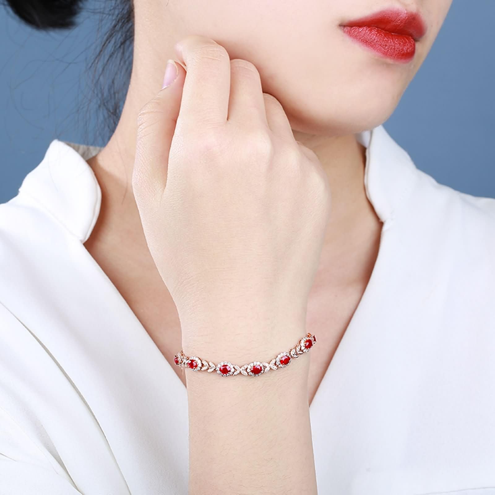 Pulseras de Mujer Oro Rosa 9 Kilates / 14 Kilates / 18 Kilates, Oval con Rubí Creado de 2.6ct y Moissanita, Cadena Extensible 16 CM + 5 CM, Pulseras de Mujer Ajustable de Oro Rosa