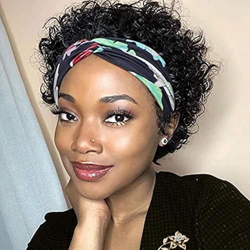 KESEN Peluca de cabello humano corto rizado con diadema para mujeres negras corte Pixie Kinky Curly Bob sin pegamento densidad del 150 color negro