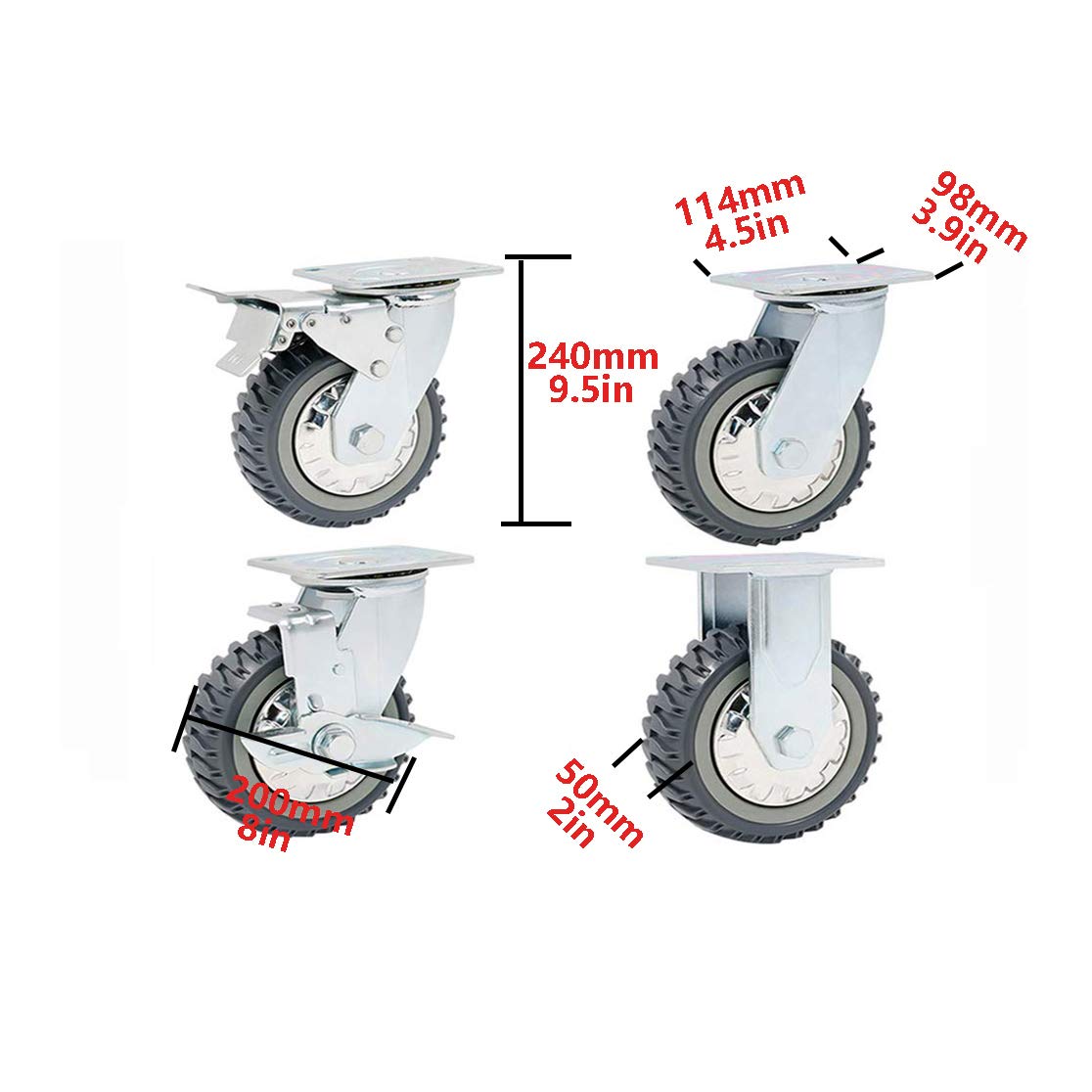 Lot de 4 roulettes pivotantes Robustes en Acier, capacité de Charge de 1 490 kg, avec Frein de sécurité, roulettes d'établi en Caoutchouc, roulettes de Transport, pour Meubles, équipements e