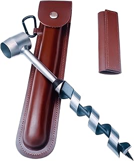 Bushcraft Gear Hand Auger Drill,Bushcraft Tool Survival Tool, Scotch Eye Wood Auger Bit with Genuine Leather Cover,Camping Shelter Building, Barbecue Grill, Backpacking, 1" Dia Drill Peg Hole Maker
