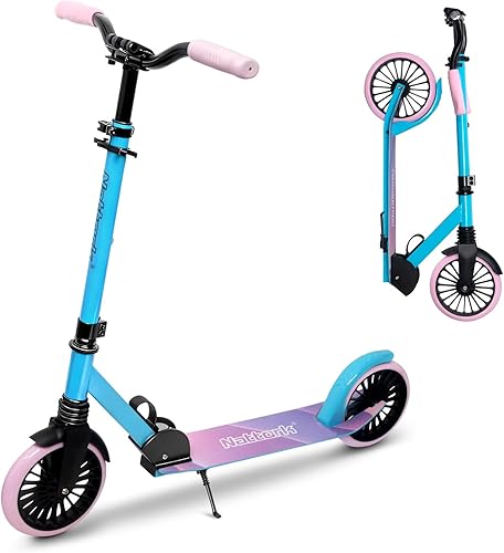 Nattork Kick Scooter for Teens Adults, Max Load 240 LBS, Adjustable Height Foldable with 8" Large Wheels, Anti-Shock Suspension Blue