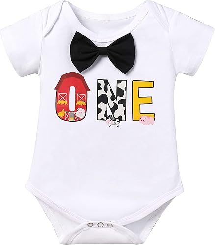 Miniatura 2 de IMEKIS Mameluco de animal de granja para el primer cumpleaños de bebé, mameluco con pajarita + pantalones cortos + tirantes, ropa de vaca para