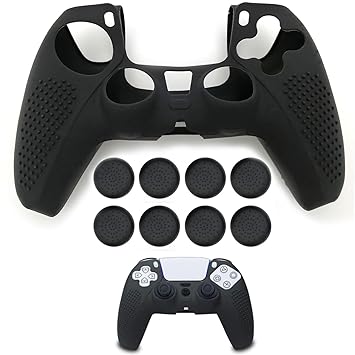 PS5 Controller DualSense Skin Grip Anti-Slip Silicone Cover Protector Case for Sony Playstation 5 Controller with 8 Thumb Grips (Black)