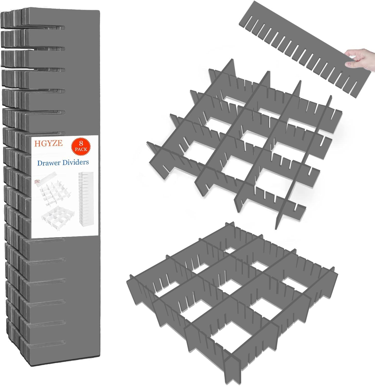 HGYZE Drawer Dividers,8Pcs 42x9cm Kitchen Drawer Organizer Grey