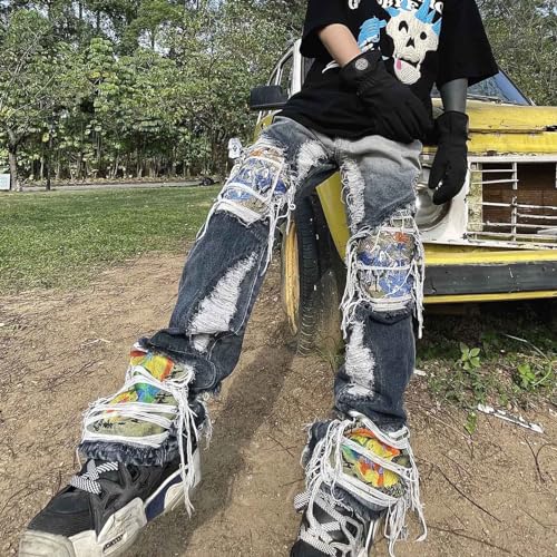 BXCNCKD Gothic Patch Denim Pants, high Street Heavy Industry Embroidered Distressed Jeans, Men's Straight Leg Loose Pants4