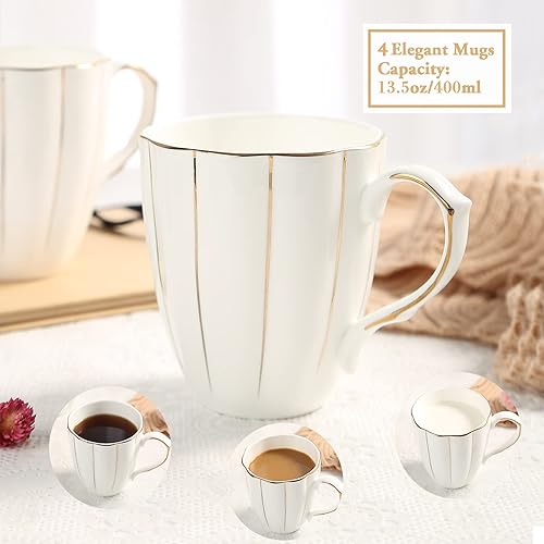 Miniatura 4 de DUJUST Juego de 4 tazas de café con crema y azúcar, diseño británico de lujo con adornos dorados hechos a mano, para café, té y leche, taza de