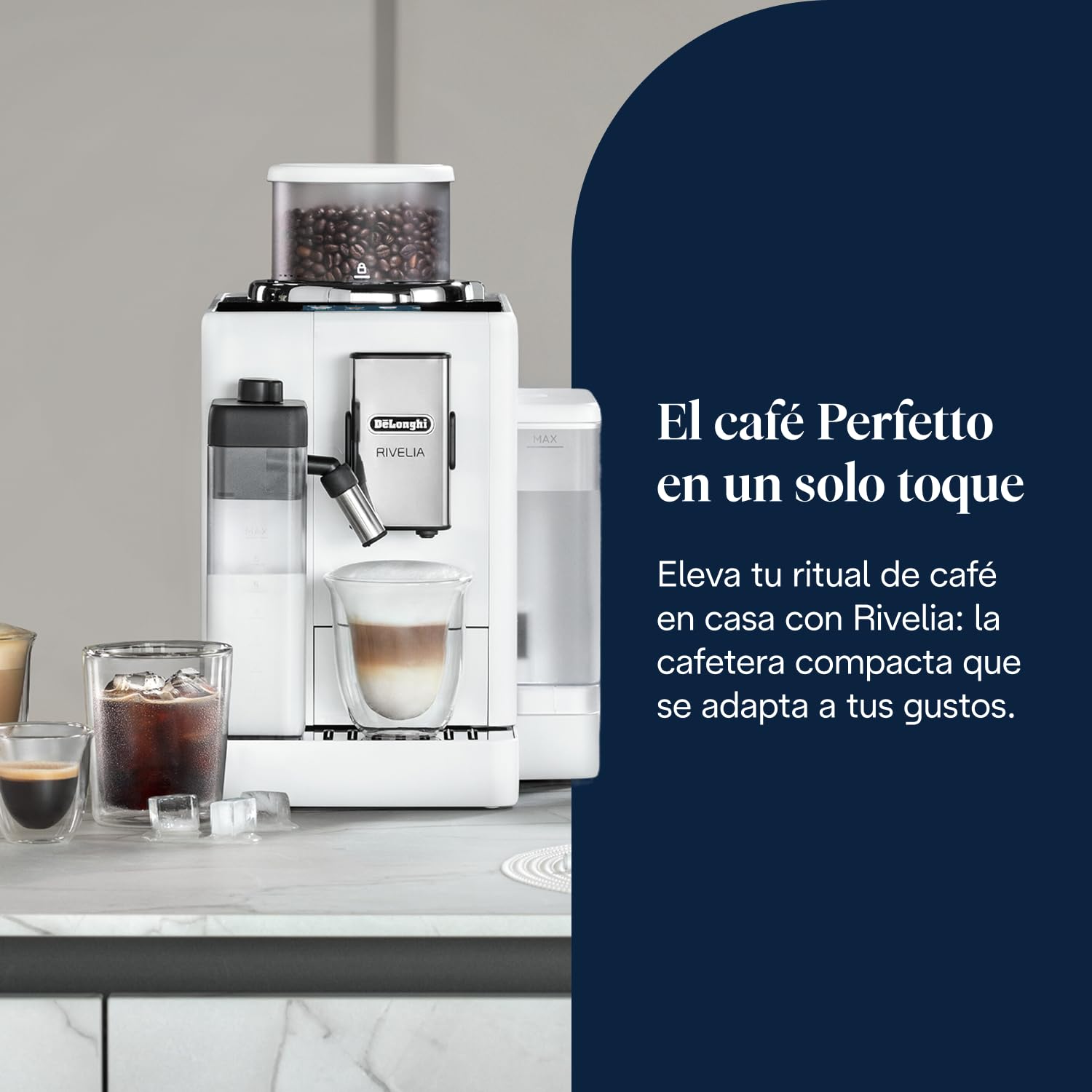 De’Longhi Rivelia – Cafetera Superautomática, LatteCrema Jarra de leche automática, 16 Bebidas One-Touch, Pantalla Táctil, Depósitos de Granos de Café Intercambiables, Blanco (EXAM440.55.W) - 2