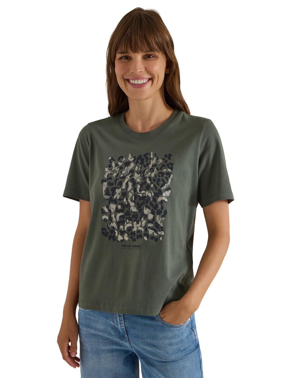 Cecil Ladies 3231336 T-Shirt with Leo Print and Foil Detail, Dried Olive Green, XXL