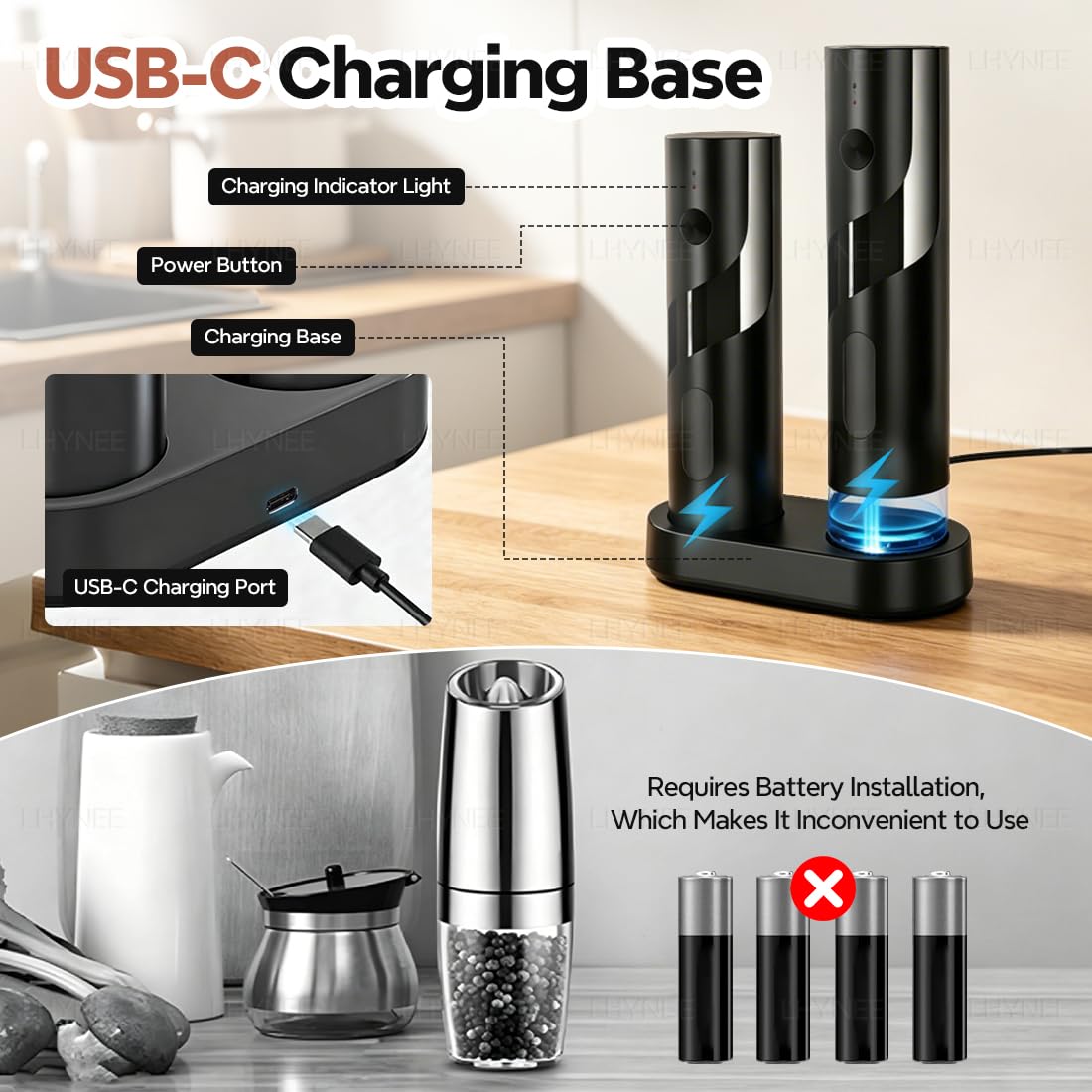 Moulin à Sel et Poivre Électrique avec Station de Charge–Contenant 110 ml,Recharge USB, 5 Niveaux de Mouture Réglables,Mécanisme de Broyage en Céramique,Incl.Brosse de Nettoyage et Éclairage LED.