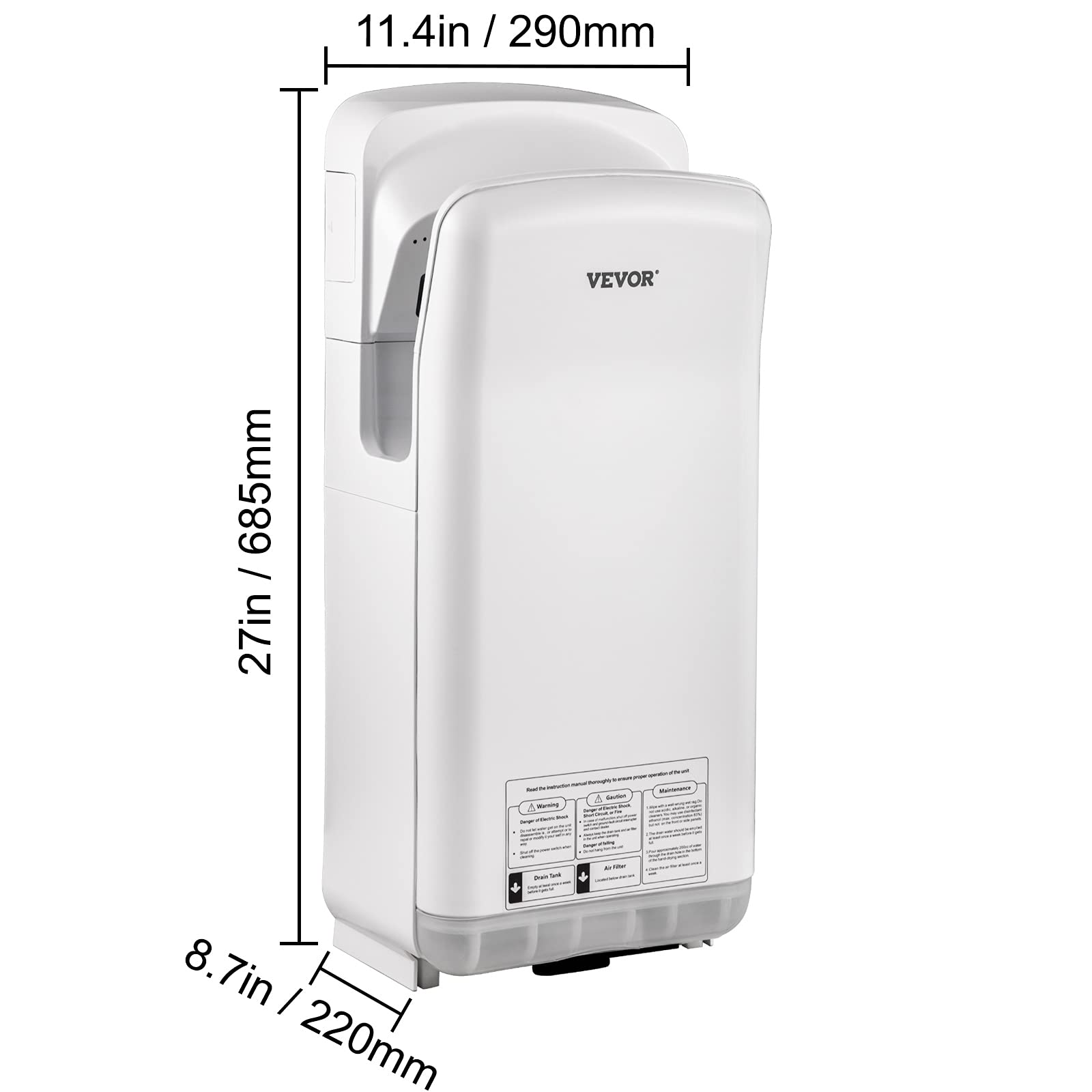 VEVOR Sèche-Mains Automatique 2000W Sèche Main Air Pulsé Électrique Commercial ABS Super Puissant Filtration HEPA 43℃ Moteur à Balais Carbone pour Sécher Séchage Mains Toilettes 290x220x685 mm Blanc