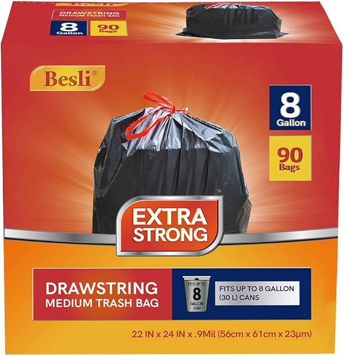 Besli 8 Gallon Black Drawstring Trash Bag Garbage Bag Trash