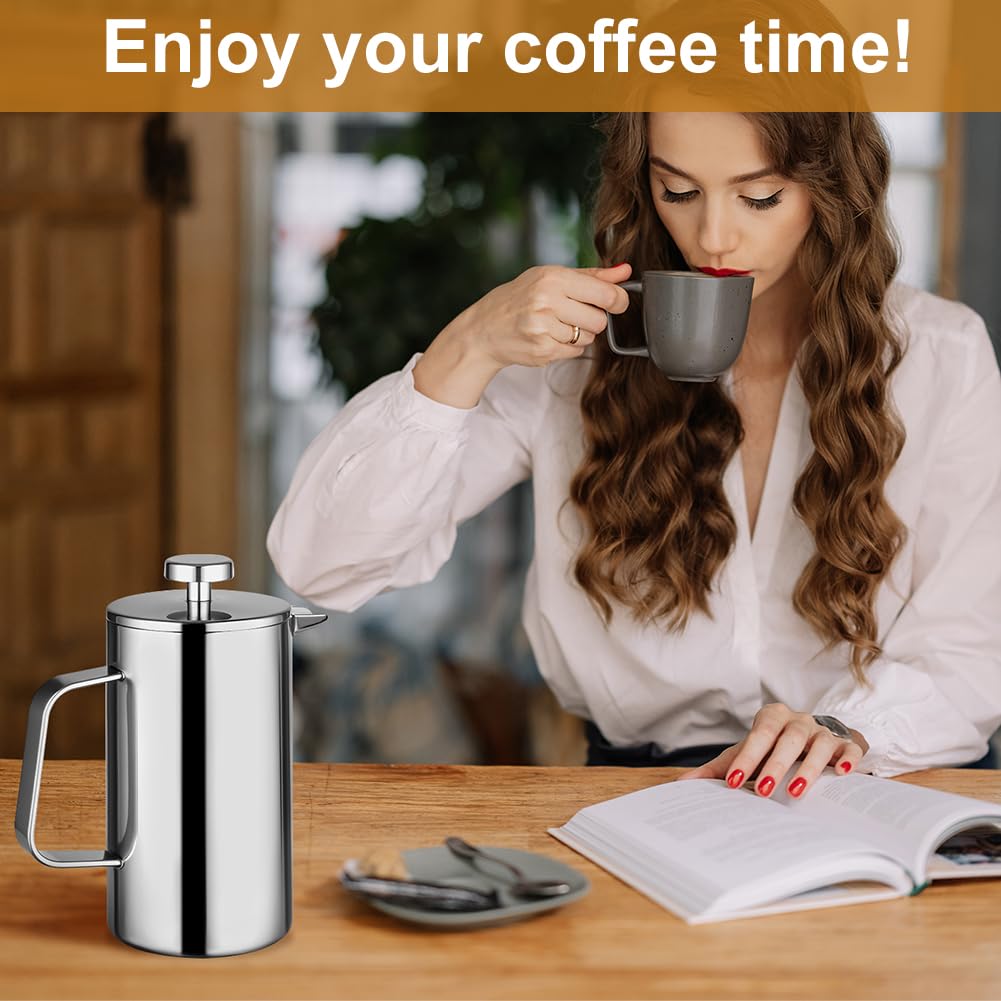 HOTUT French Press, 350ml Caffettiera Francese in Acciaio Inox, Caffettiera Pistone Filtro con 2 Fltri e Cucchiaio, Funzione Termica, Americano Macchina per Caffè o Tè, per 3 Tazze