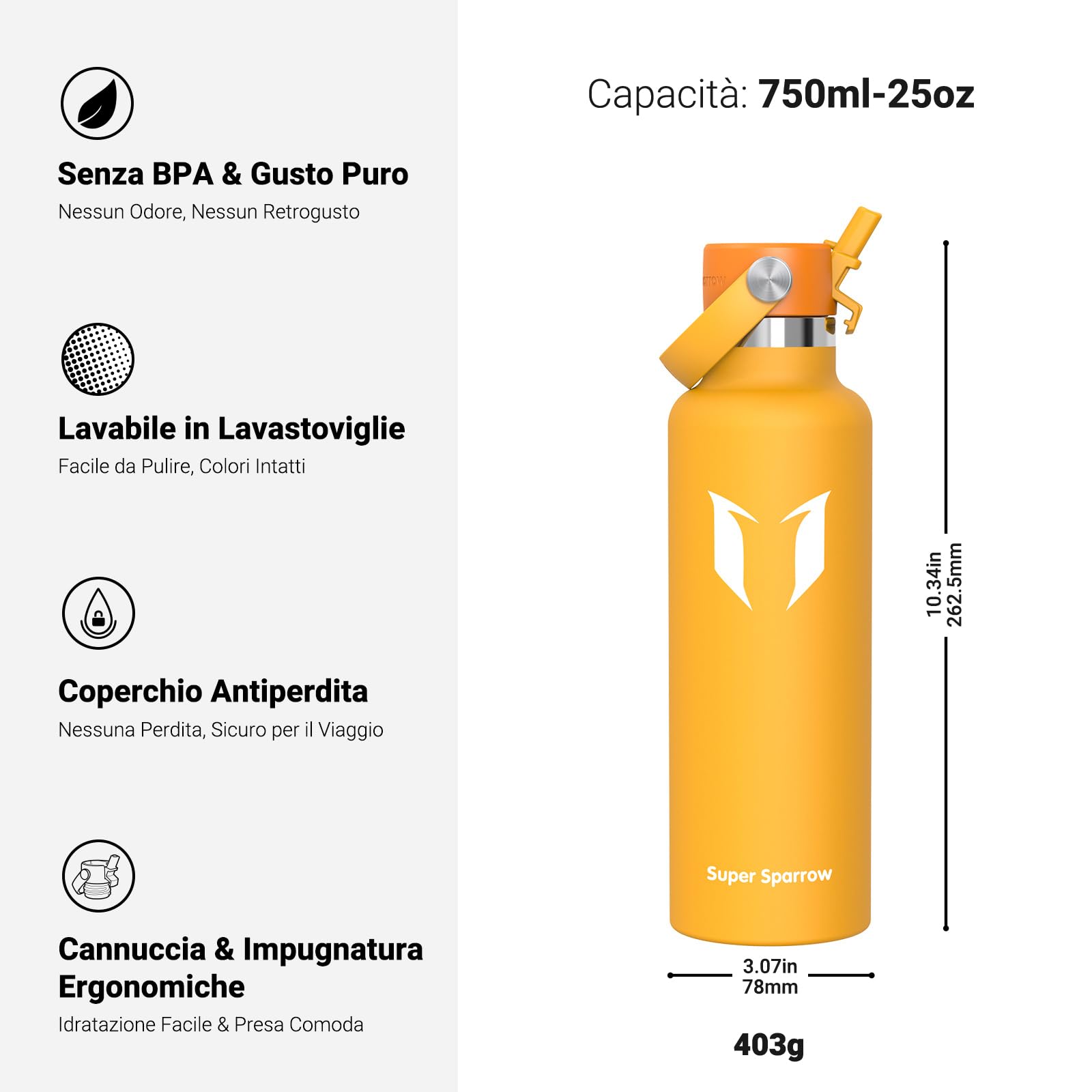 Super Sparrow Borraccia Termica, Acciaio Inox Bottiglia Termica - 350ml, 500ml, 750ml, 1L, 1.2L - Senza BPA Borracce, Borraccia Bambini per Scuola, Sport, Campeggio, Yoga, Palestra, Ciclismo