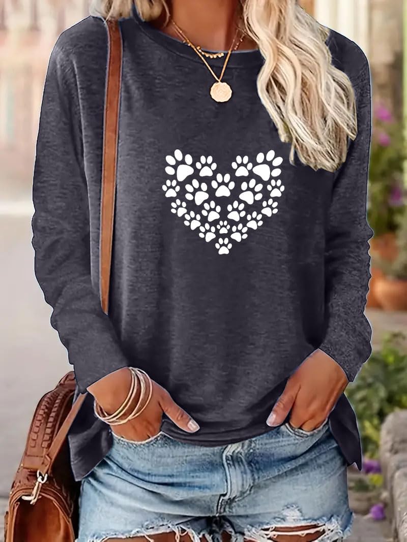 Women's Dog Mom Shirt Cat and Dog Paw Pattern O Neck Long Sleeve Gift Girls Heart Shaped T-Shirt - Image 4