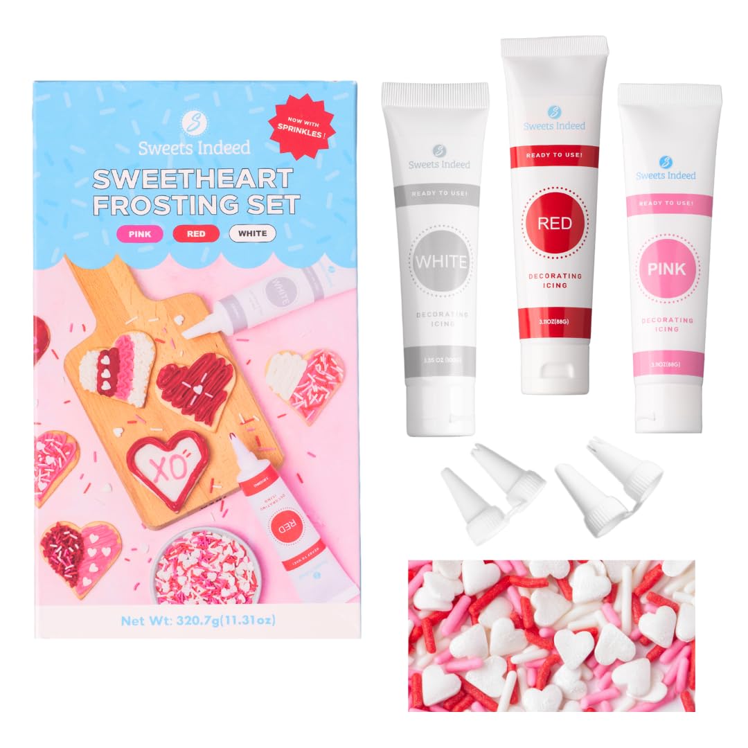 Sweets Indeed Valentines Day Frosting Decorating Set | Red White & Pink Frosting Tubes, Decorating Nozzles & Heart Jimmies Sprinkles | Baking Kit |