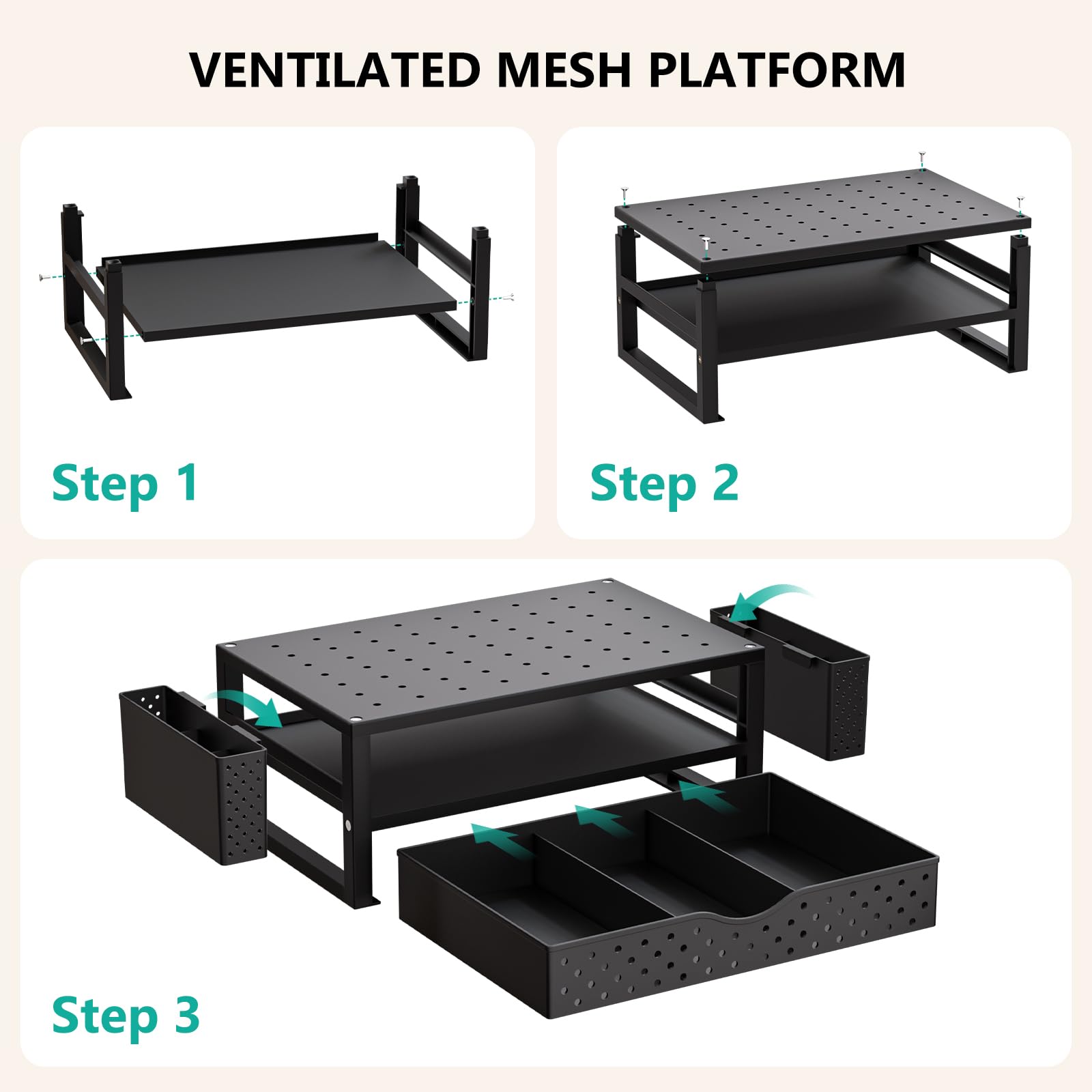 WALI Desk Organizer with Drawer and Pen Holder, 3 Tier Computer Monitor Stand for Home Office Supplies, Laptop Stand Riser for Computer, Laptop, Printer(PTT004-B), 1 Pack, Black view 9